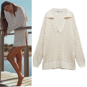 Zara Ecru Cream Pointelle Knit Polo Collar Oversized Tunic Sweater - XS